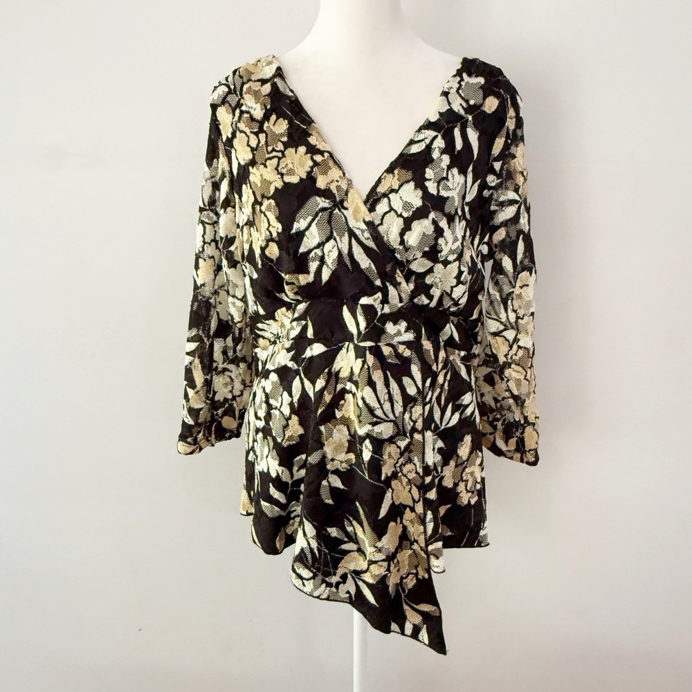 Vintage Top Women L Black Floral Lace Peplum Goth Dark Academia Grunge Fairy